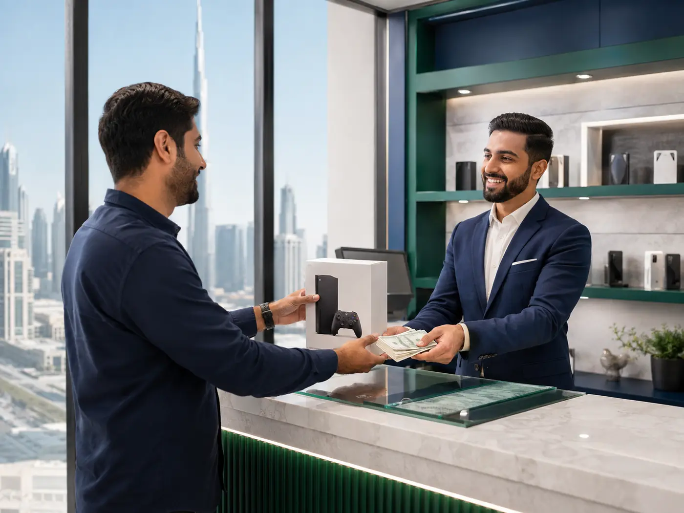 Customer selling a gaming console and receiving cash