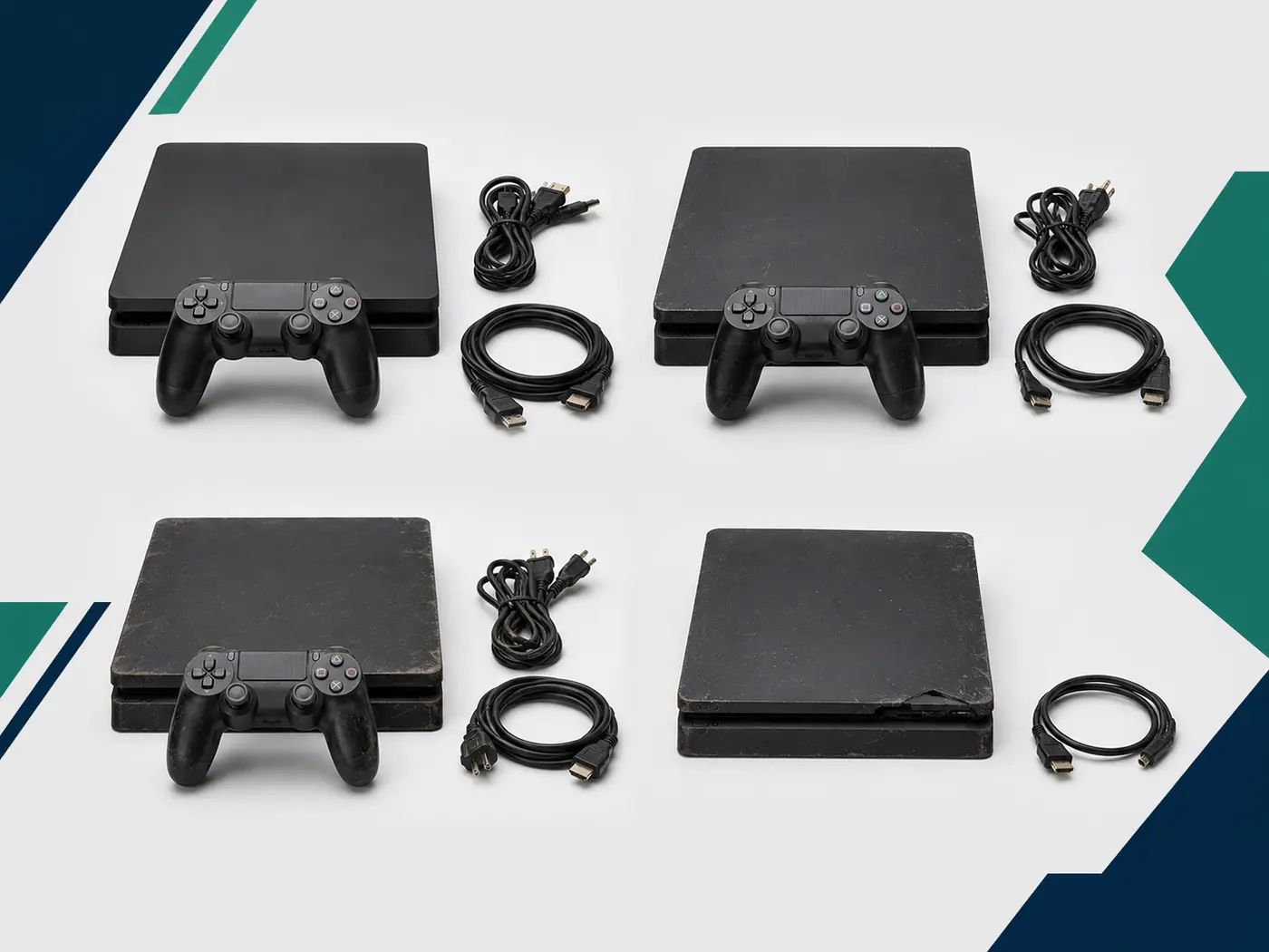 Gaming consoles shown in complete used worn and damaged conditions