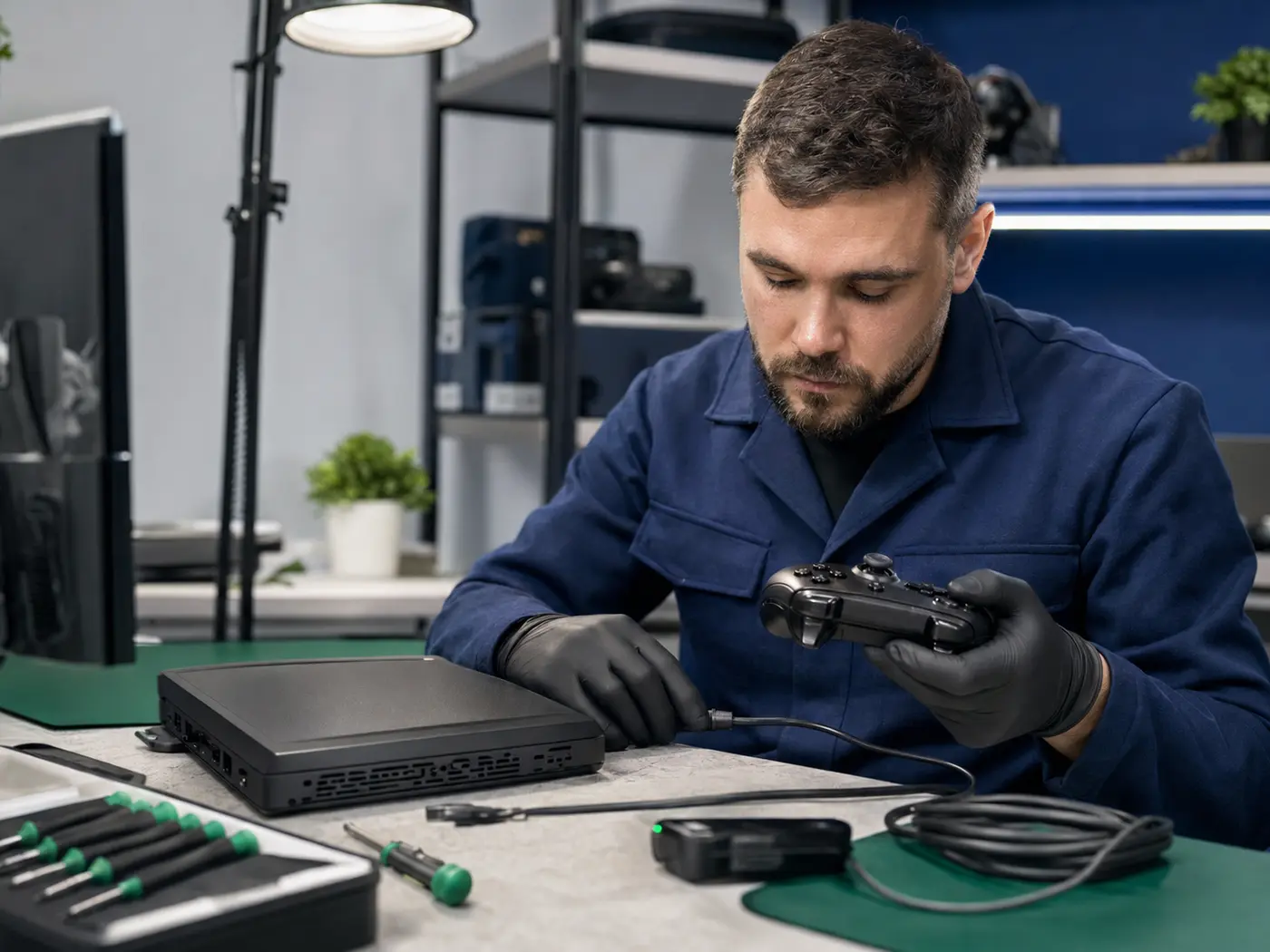 Technician professionally inspecting a used gaming console and controller
