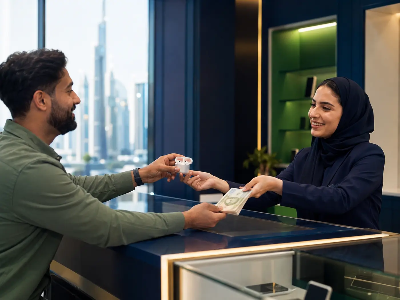 Customer selling wireless earbuds and receiving cash