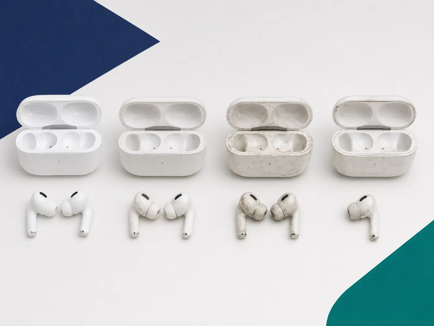 Wireless earbuds shown in complete used worn and incomplete conditions