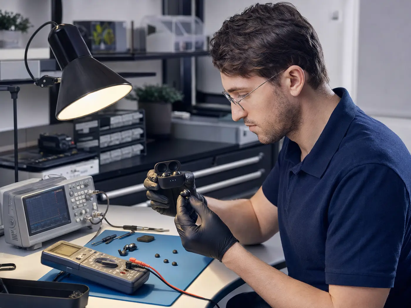 Technician professionally inspecting used wireless earbuds