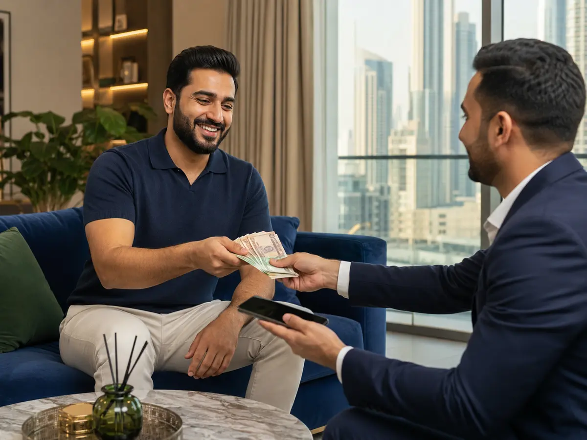 Customer receiving payment after selling a mobile phone at home