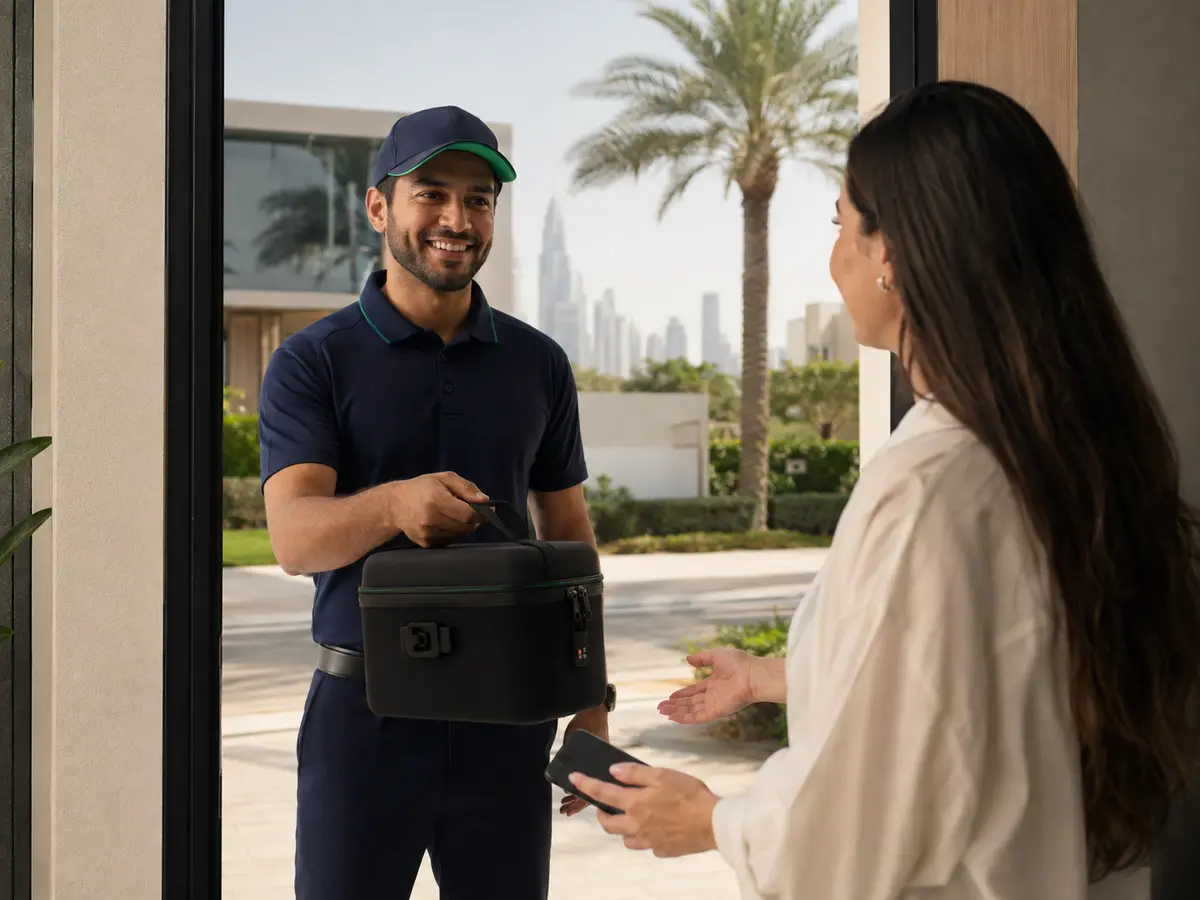 Express device collection representative arriving at a Dubai home