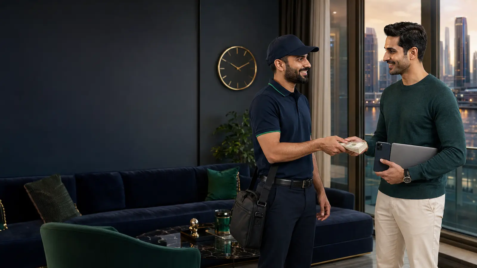 Customer receiving cash for a phone and laptop at home in Dubai