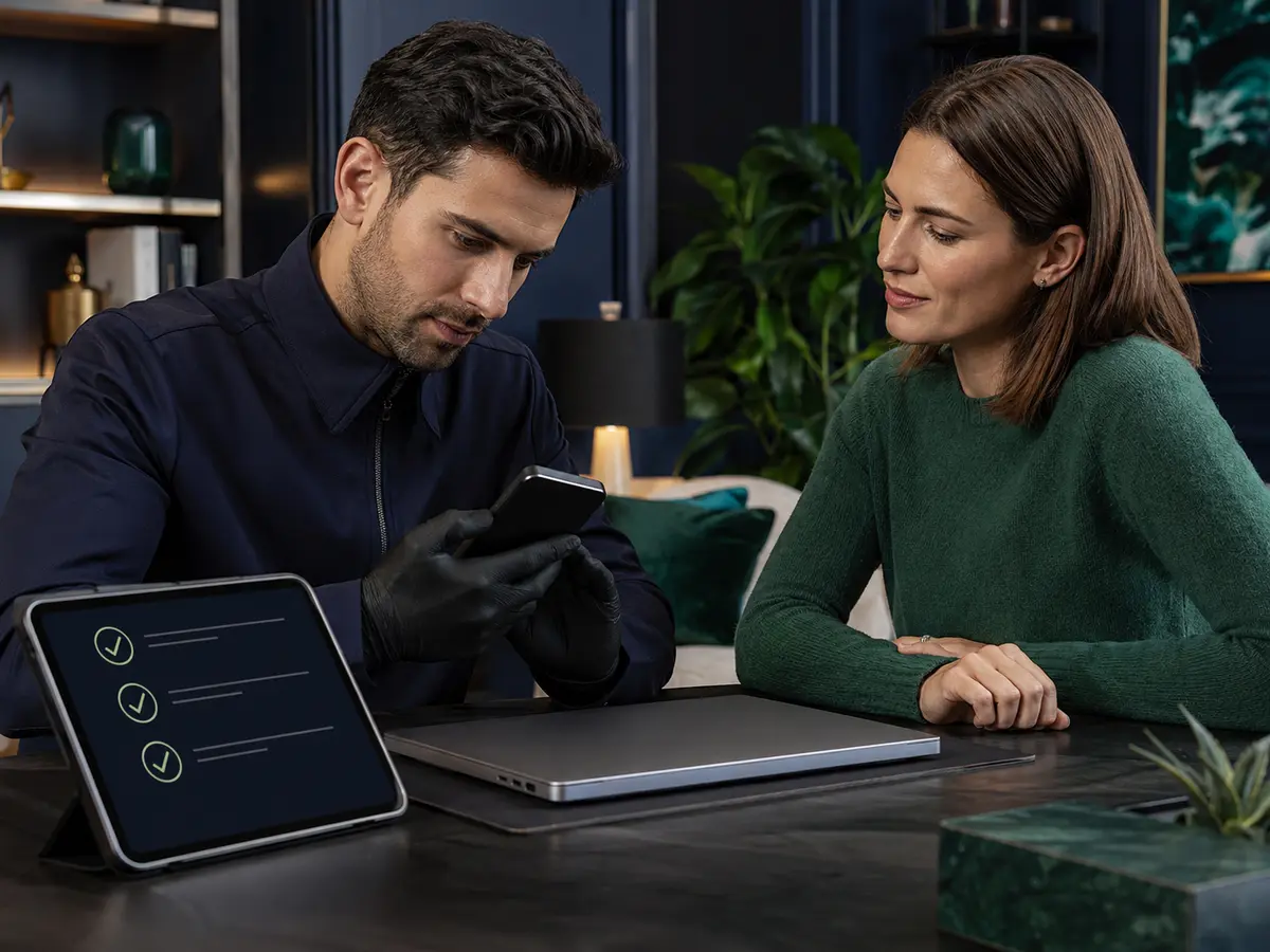 Professional inspecting a phone and laptop at customer home