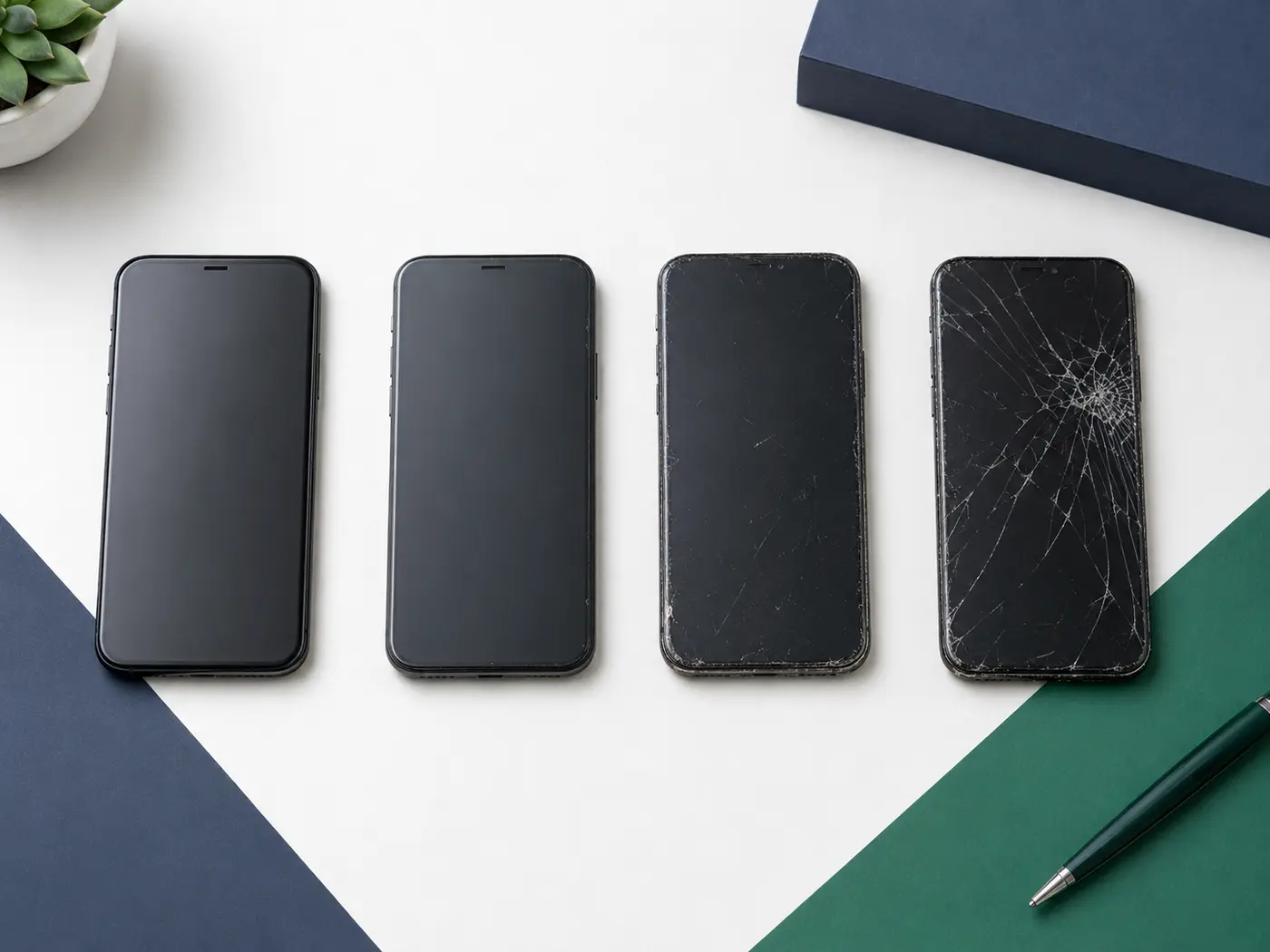 Mobile phones shown in excellent used and damaged conditions
