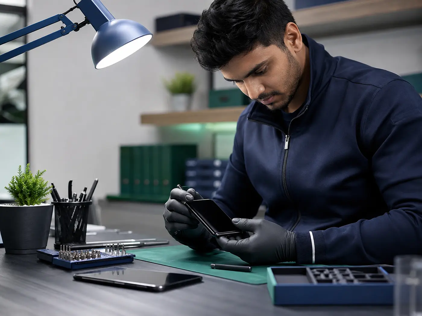 Technician professionally inspecting a used mobile phone